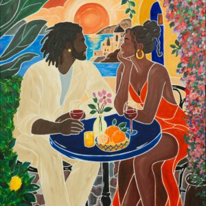 Miller Canvas: a couple at a blue café table at sunset, with bougainvillea, lemons and a seaside town behind them